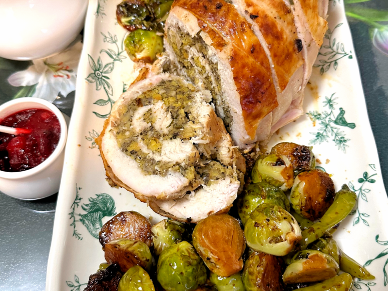 Turkey Breast Roulade with Mushrooms and Cornbread Stuffing